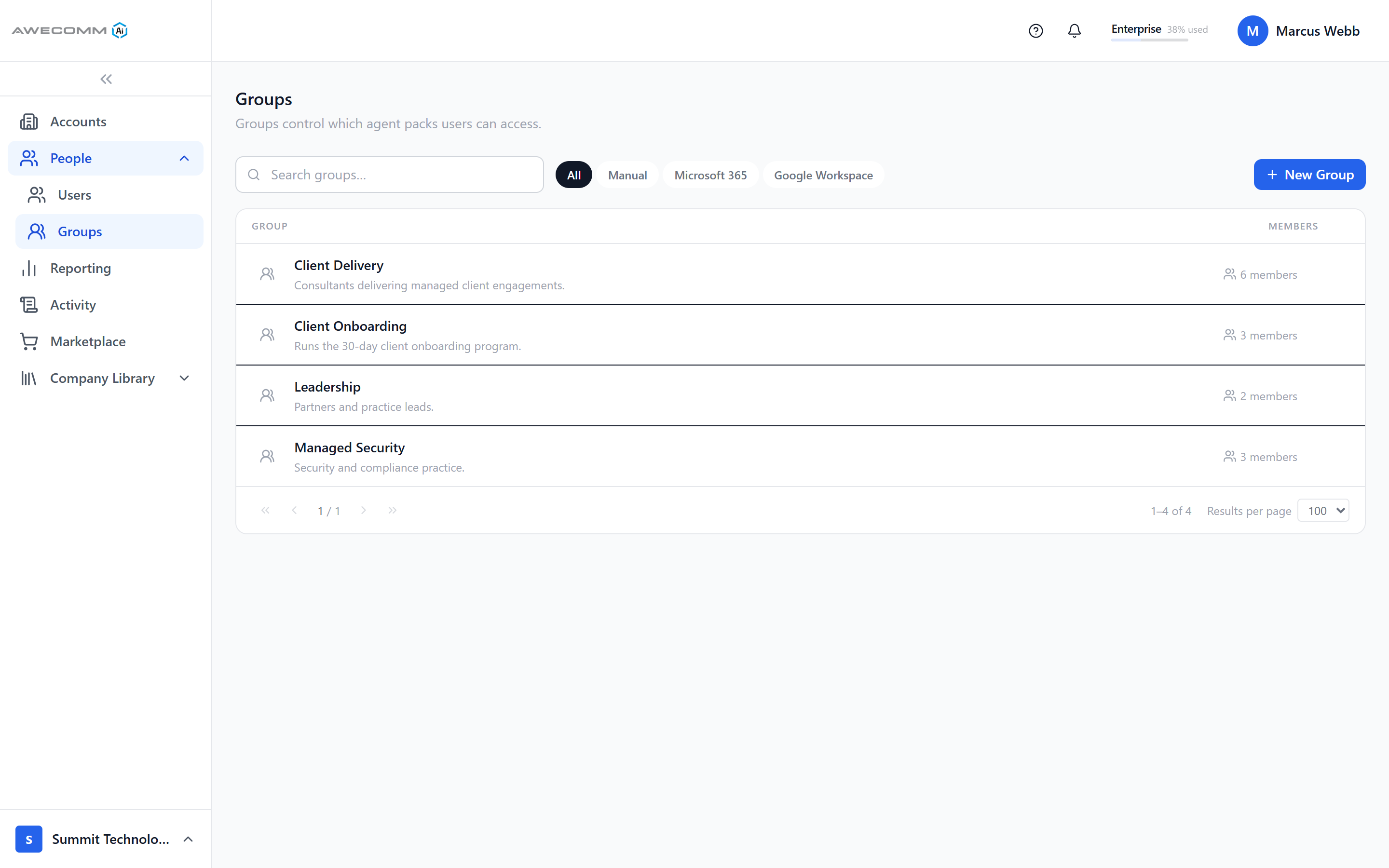 Groups list with Microsoft 365 and Google Workspace sources
