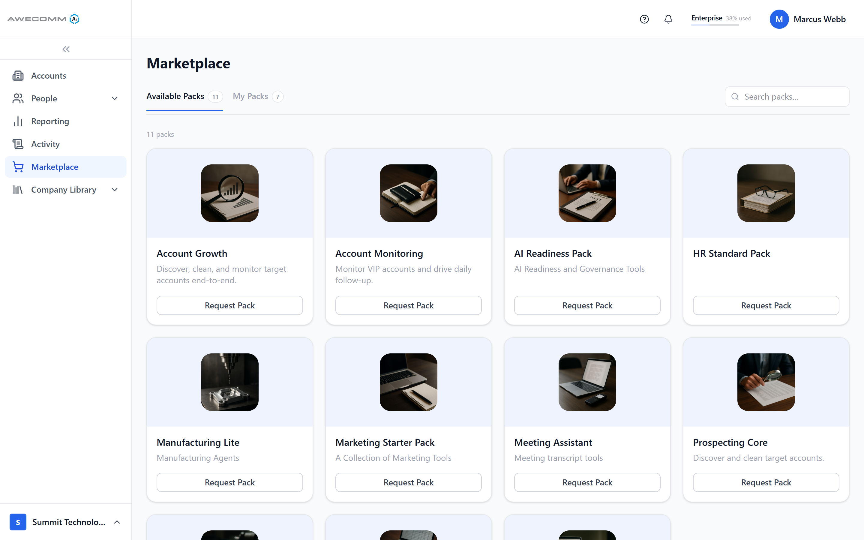 Pack marketplace with themed agent packs available to request