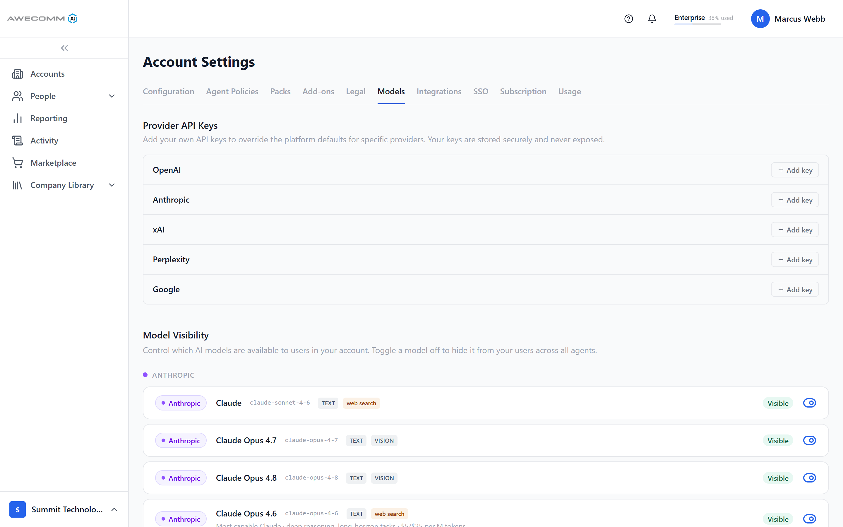 Model Visibility admin screen with provider-grouped model rows, capability pills, and visibility toggles