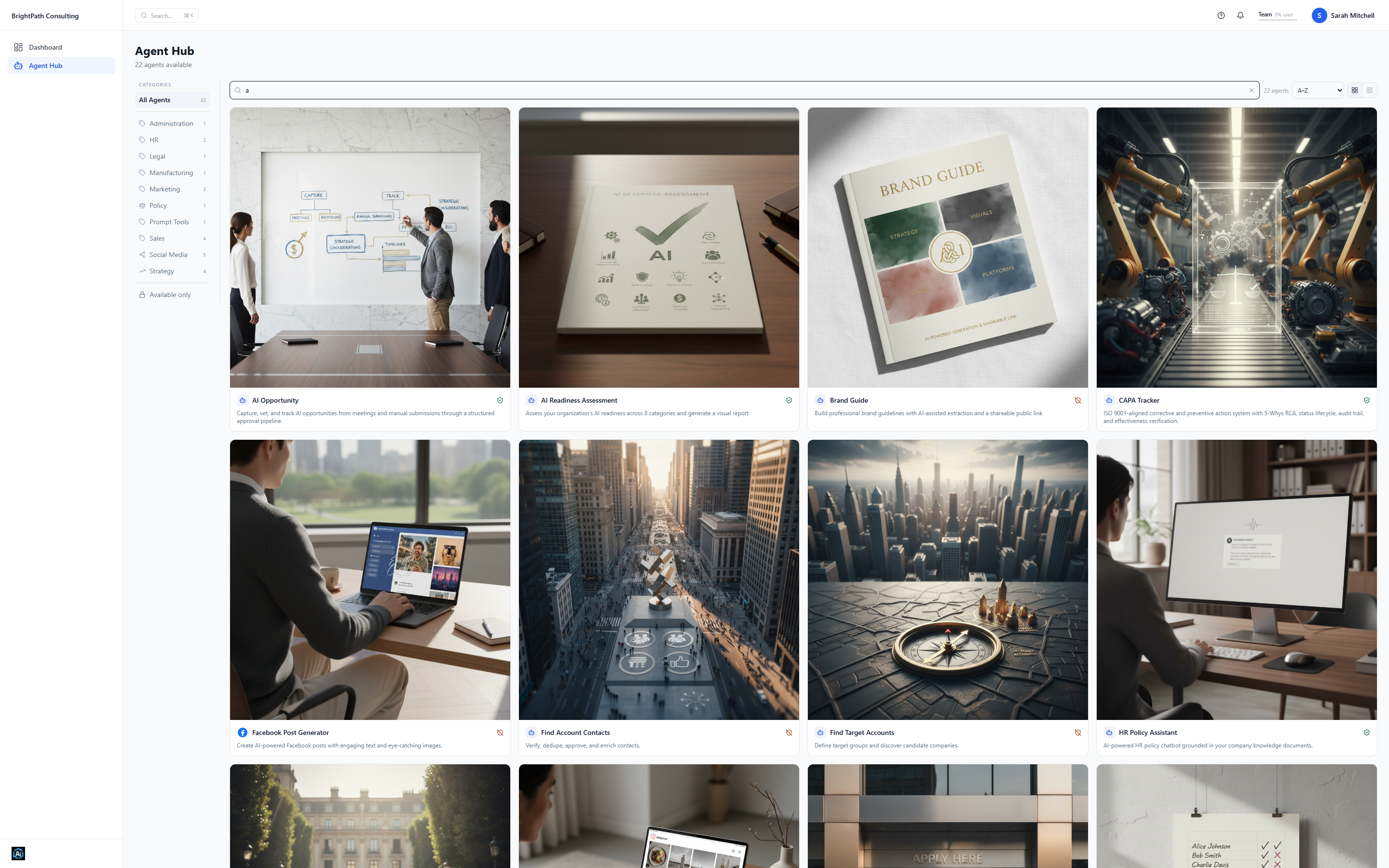 Agent Hub in the Awecomm AI portal showing 22 agents available across business categories