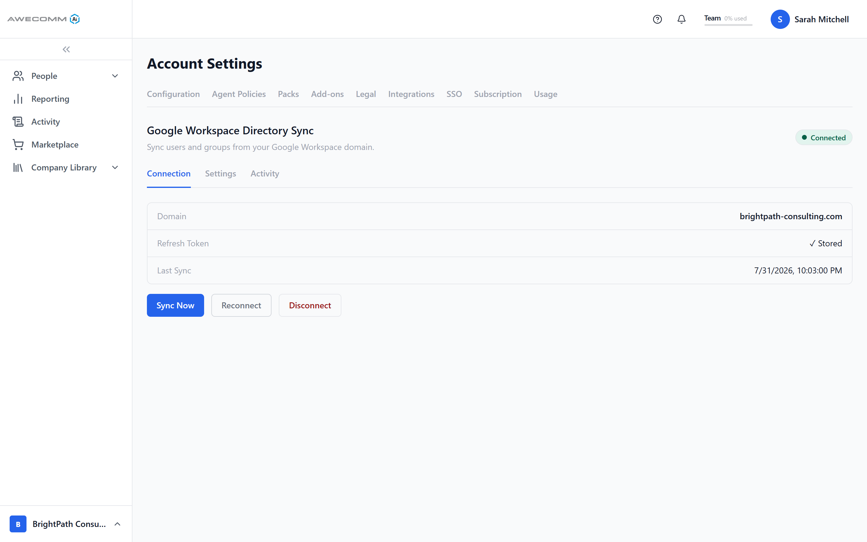 Google Workspace directory sync connected with last sync time