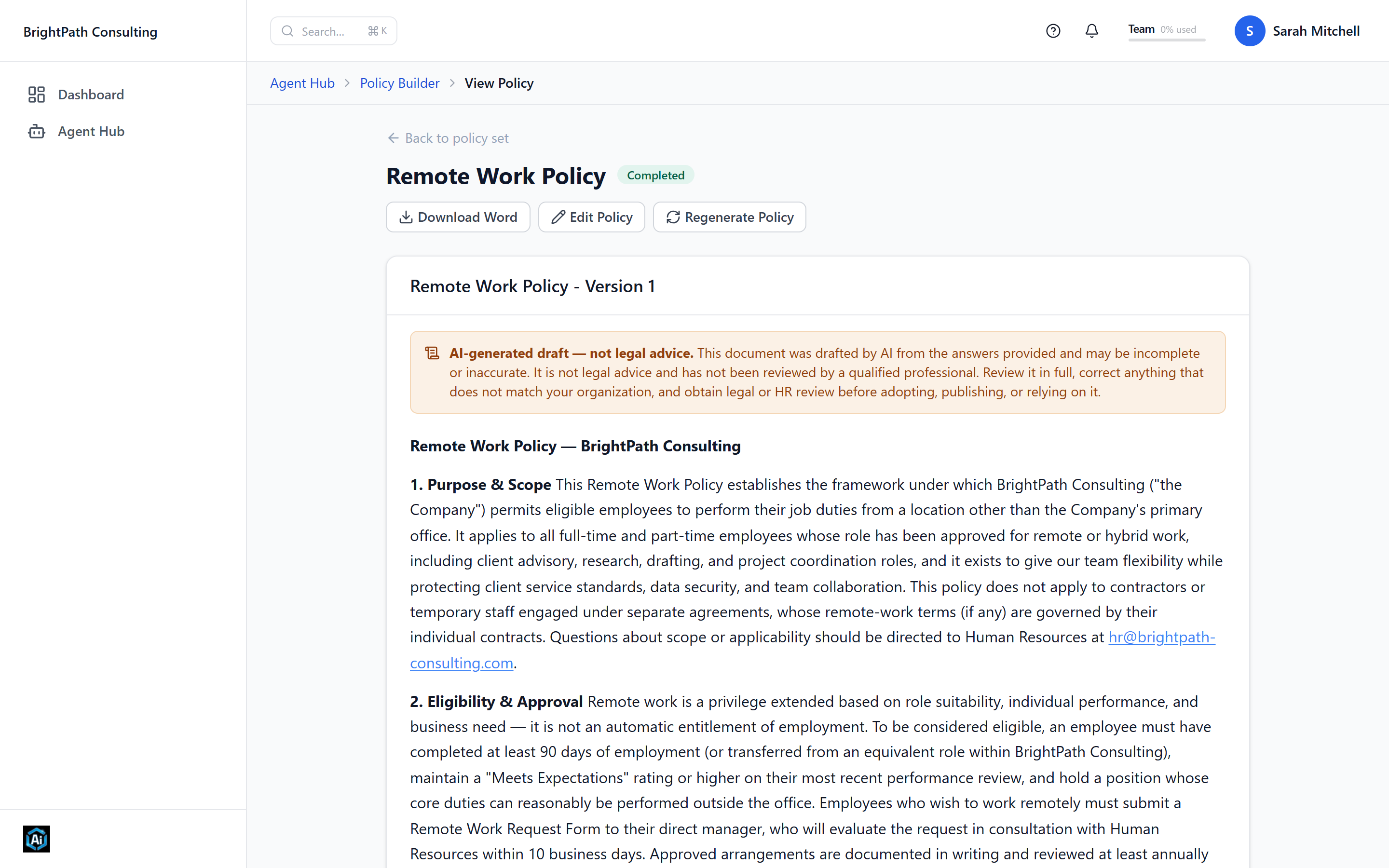 A completed organizational policy generated in the portal