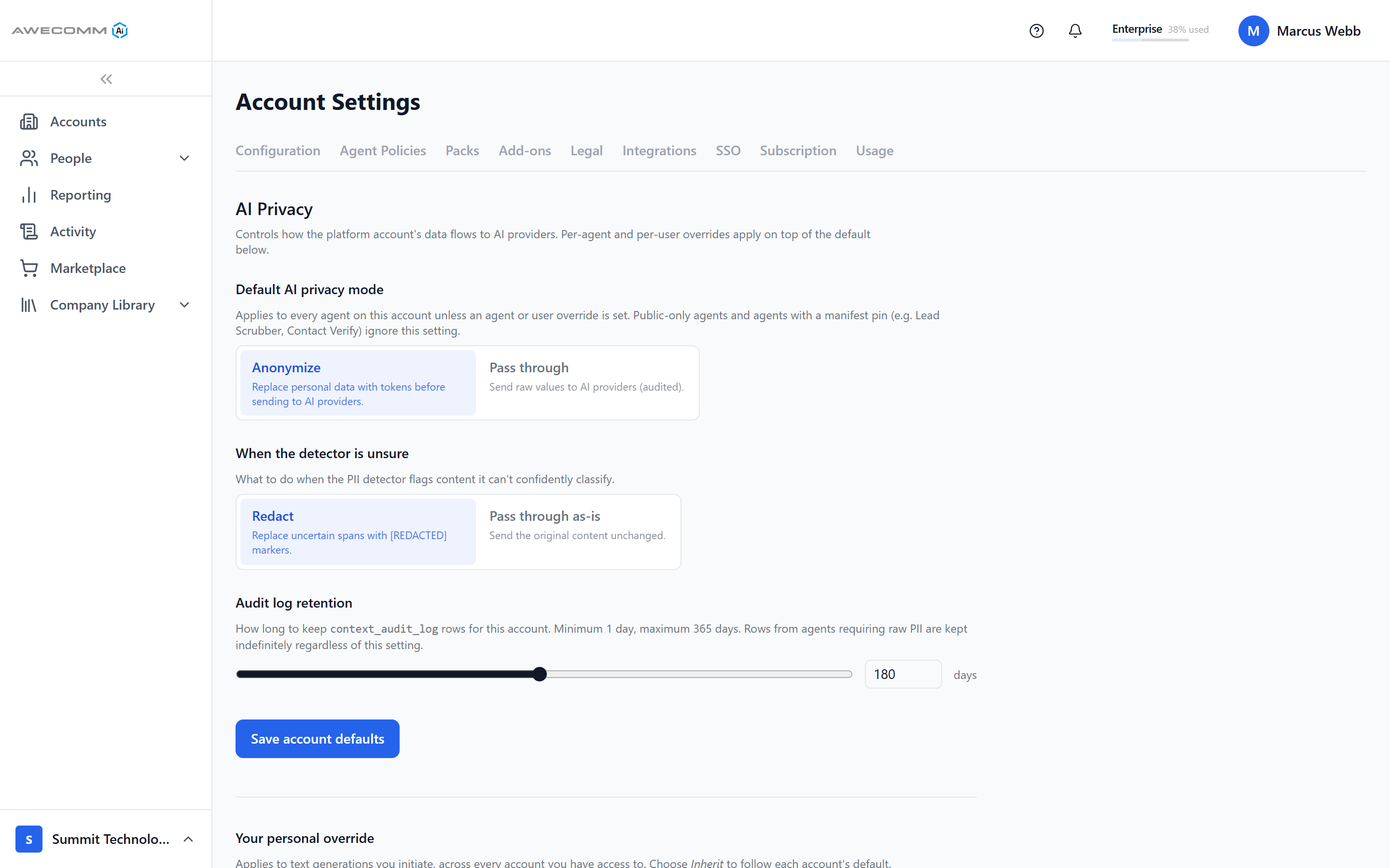 Account AI privacy defaults for anonymize, redact, and audit retention