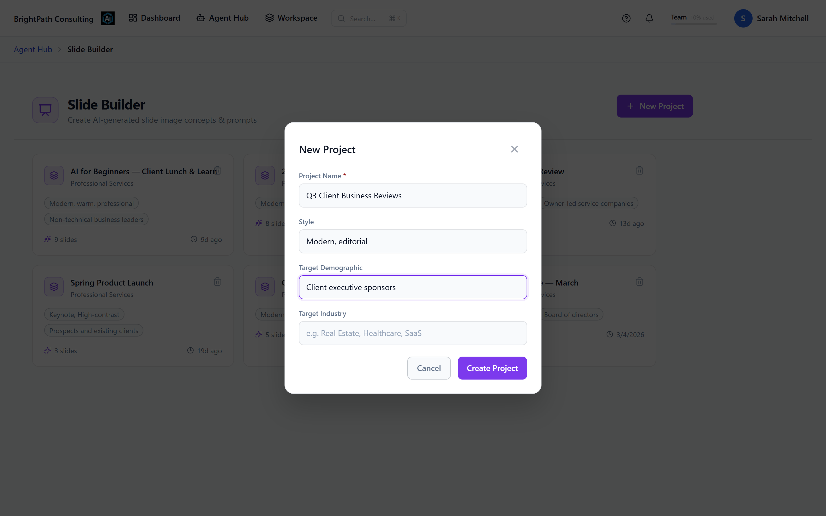 Slide Builder guided project setup with presentation name, style, and audience filled in