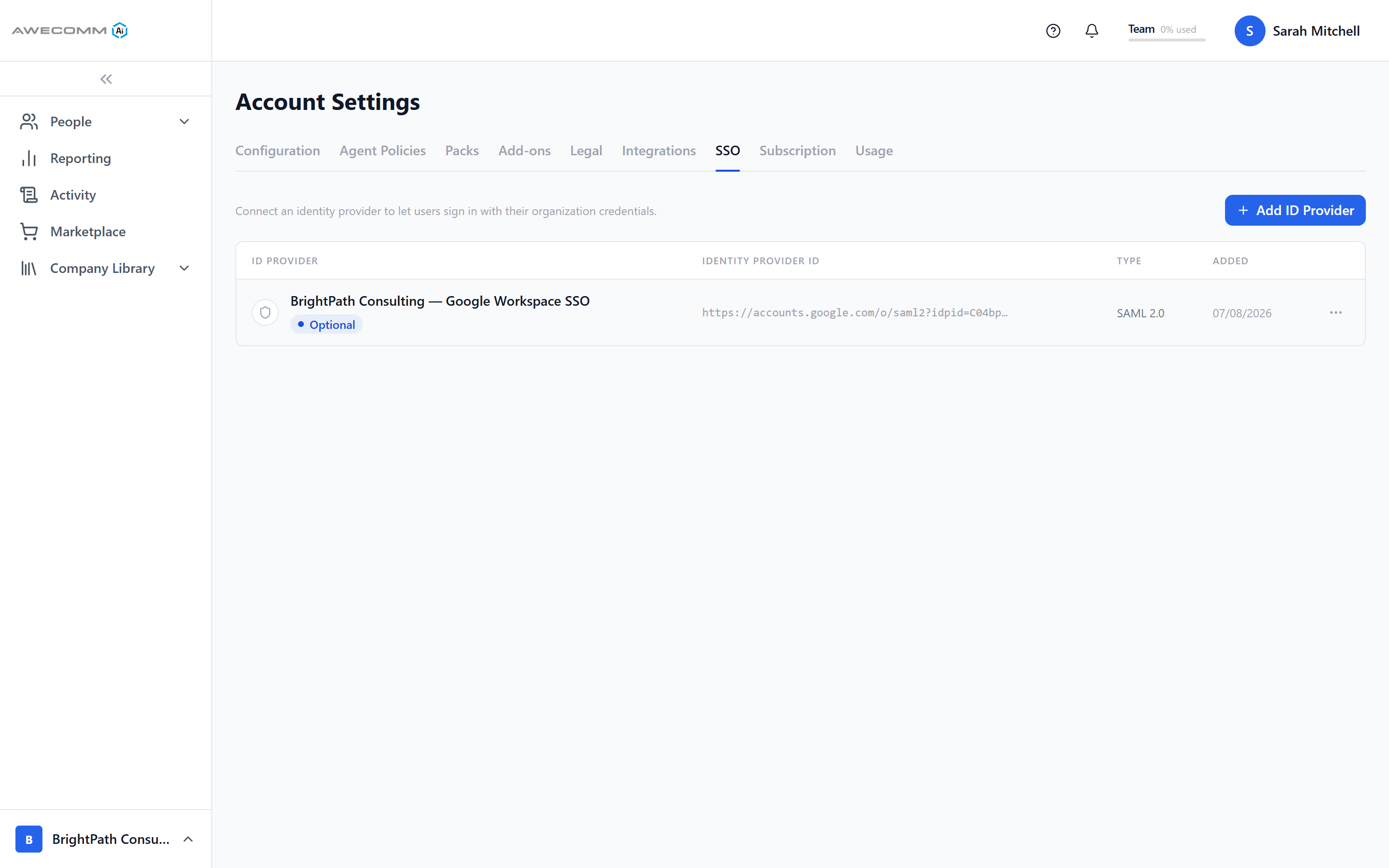 SAML 2.0 SSO configured with Google Workspace